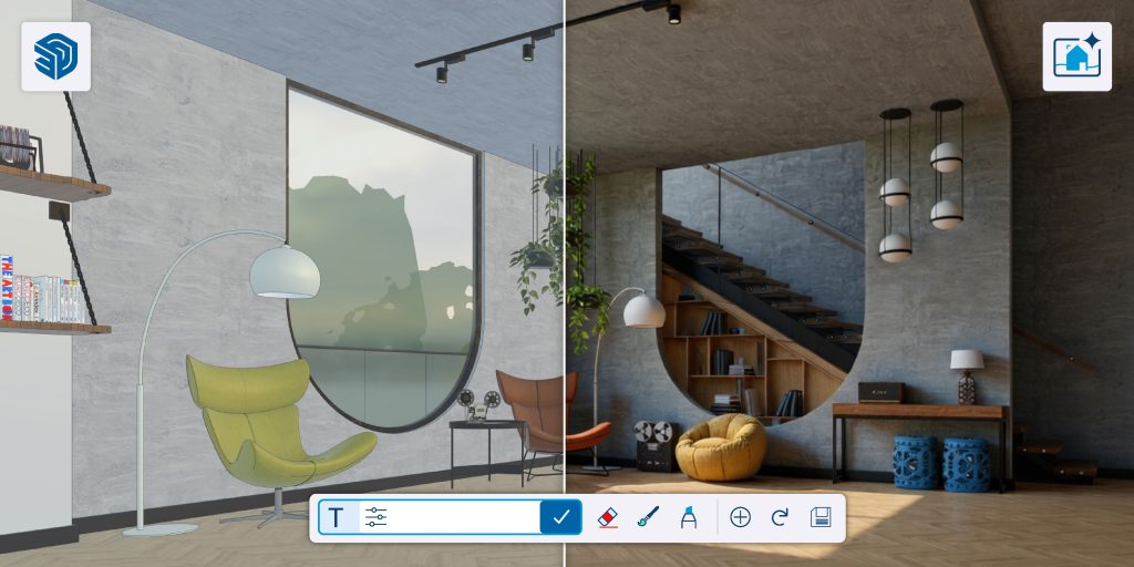 AI Render Nano Banana before and after — a SketchUp interior model on the left and a photorealistic AI-generated render on the right